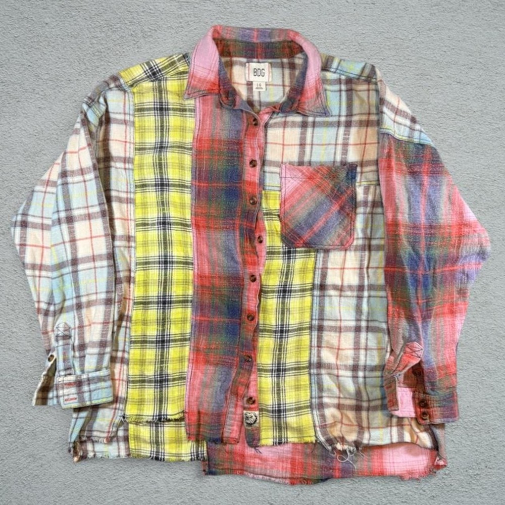 BDG Multi-Colored Patchwork Plaid Flannel Shirt Raw Hem Large